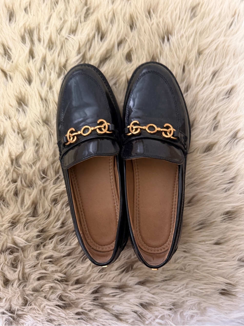 SAM EDELMAN Patent Leather Loafers with Gold Chain Accent